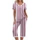 thumbnail image 1 of Qucoqpe - Conjuntos de pijama cómodos para mujer, con cuello en V y manga corta, pantalones anchos con estampado de rayas, estilo capri holgado, 1 of 5