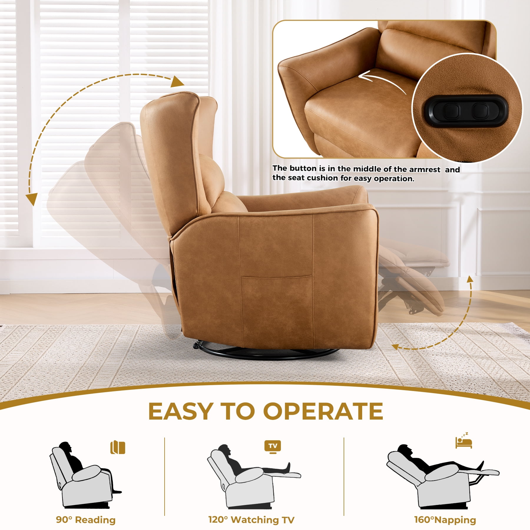 Bonzy Home Swivel Rocker Recliner Set of 2, Power Electric Recliners with Highly Enveloping Backrest Rocking Recliner Chair Leathaire Reclining Sofa for Living Room, Camel