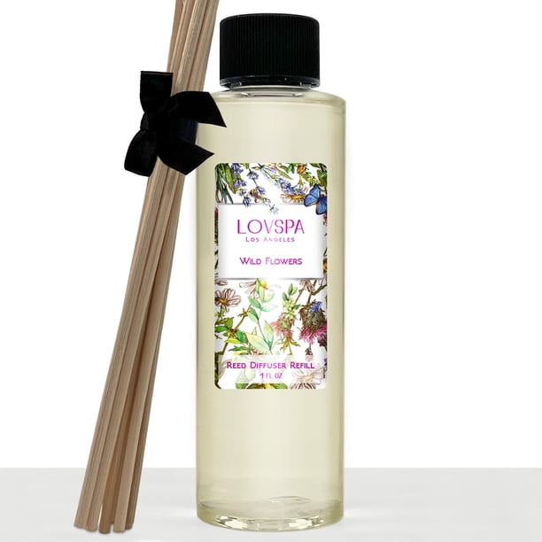 Lovspa Recambio de aceite para difusor de cañas de flores silvestres con varillas de repuesto | Mezcla floral de rosa, jazmín egipcio, guisante dulce, lirio del valle y ámbar oscuro, 4 onzas