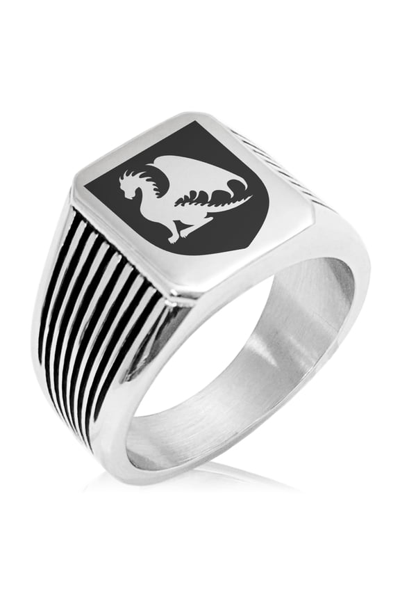 Stainless Steel Dragon Guardian Coat of Arms Shield Needle Stripe Pattern Biker Style Polished Ring