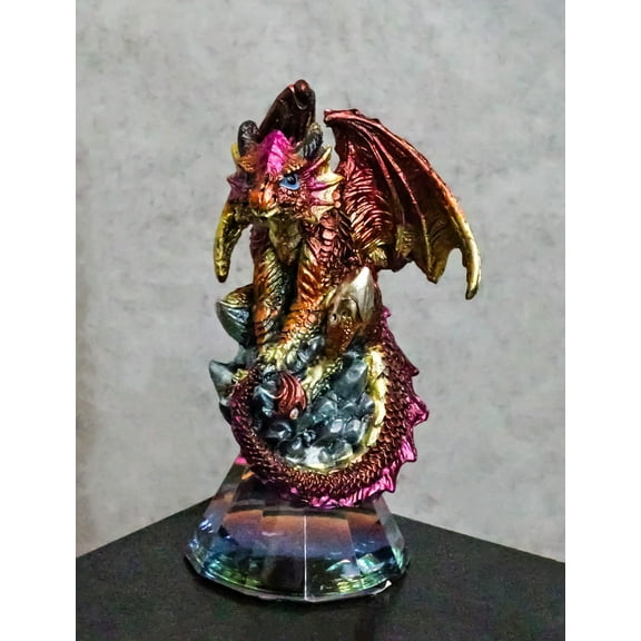 Red Iridescent Armored Rainbow Wyrmling Dragon On Faux Crystal Prism Figurine