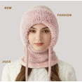thumbnail image 2 of Winter Hat Scarf Set for Women, Knit Balaclava Ski Mask with Face Mask - Pink Warm Fleece Lined Beanie Hat with Pom Pom, Adjustable Drawstring Windproof Hooded Hat for Outdoor Sports Gift, 2 of 6