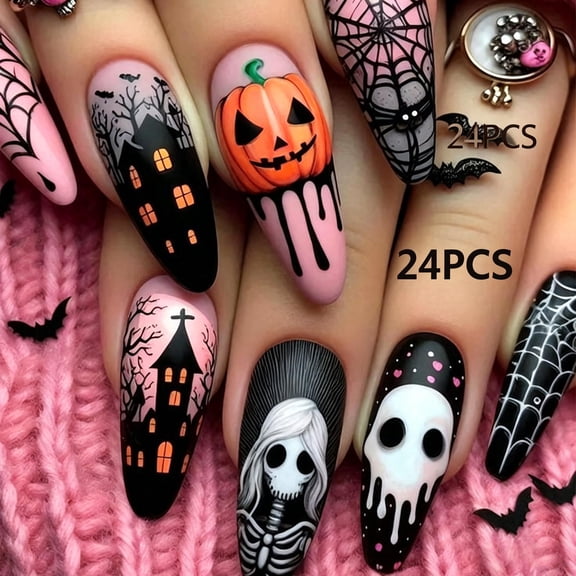 Long Almond Halloween Press On Nails, 24PCS Pumpkin Skeleton Ghost Haunted House Spider Web Print Fake Nail Tips, Nail Kit with Jelly Glue & Nail File for Women Halloween Party DIY Manicure Decor