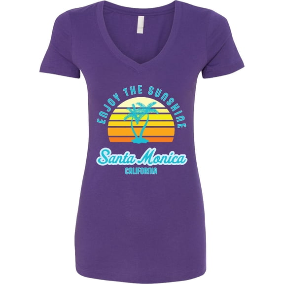 Inktastic Summer Enjoy the Sunshine Santa Monica California in Blue Women's V-Neck T-Shirt