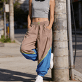 thumbnail image 3 of Womens Slouchy Nylon Pants Casual Colorblock Workout Ankle Pants Baggy Wide Leg Track Pants, 3 of 7