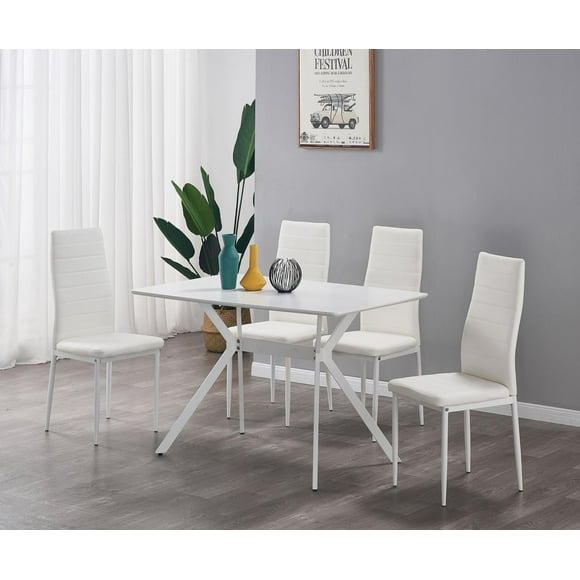 K-Living Nash 5PCS White Anti Scratch, Powder Coated Metal Dining Set with PU Chairs (Table with 4 Chairs)