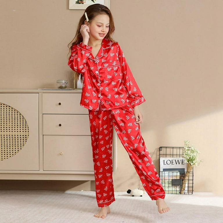 Little/Big Girls Button-Down Silk Pajamas Sets with Long Sleeve Nightwear  2PCS Household Clothing Sets 5-12 Years