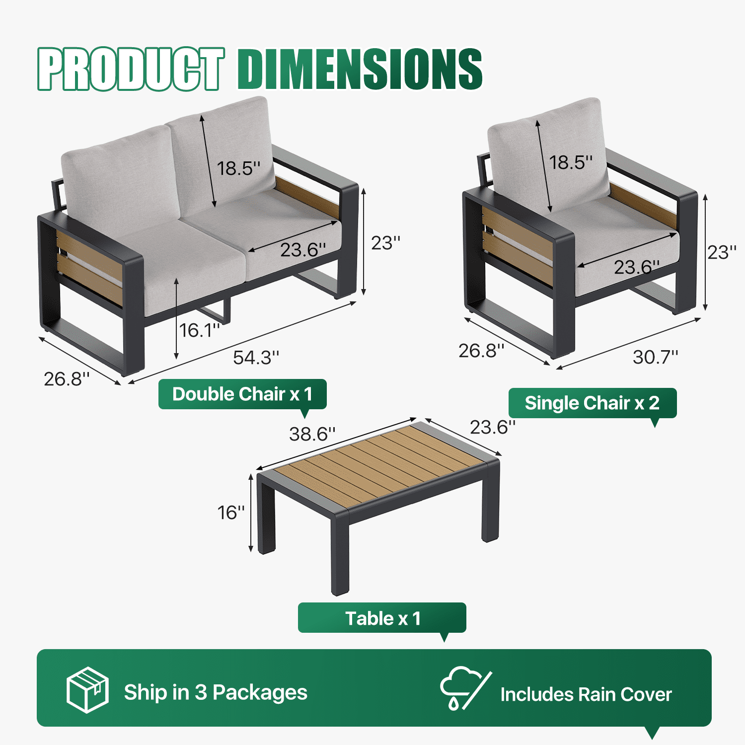 Clouddwell 4-Seats Aluminum Patio Furniture Set, Outdoor Metal Sofa Conversation Set with Coffee Table for Pool Garden Porch Backyard, Light Gray