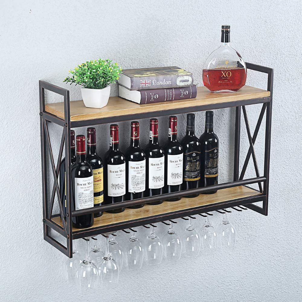MyGift Rustic Whitewashed Wood Wall-Mounted Wine Rack with Bottle & Glass Holder 