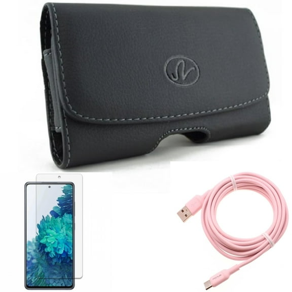 Screen Protector & Case Belt Clip & 10ft Long USB-C Cable for Samsung Galaxy S20 Fan Edition - Anti-Glare Tempered Glass   Leather Swivel   Pink Charger Cord Combo