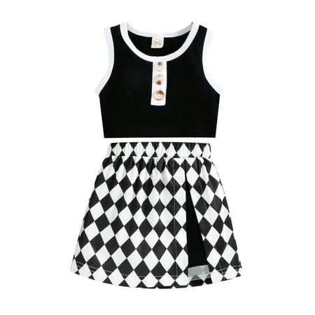 

Suanret 2Pcs Kids Baby Girls Contrast Color Outfits Cropped Round Neck Tank Tops + Argyle Print Slit Skirt Black 2-3 Years