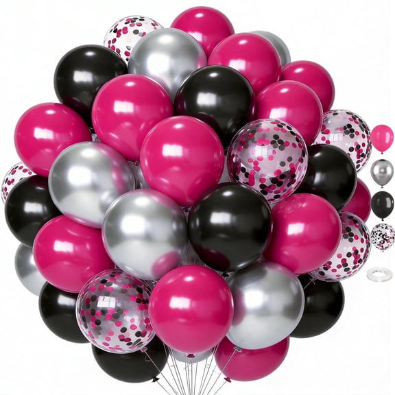 50PCS 12 Inch Hot Pink and Black Balloons, Black Pink and Silver Confetti Balloons with Ribbon for Girls Wedding Bridal Shower Birthday Party Decorations