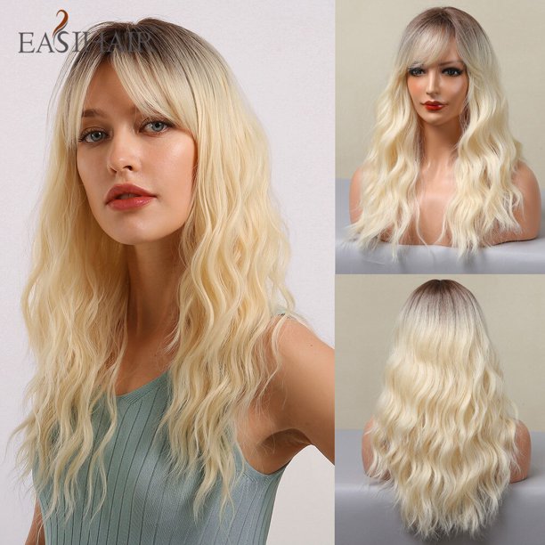 EASIHAIR Ombre marrón claro rubio platino largo ondulado parte media peluca de pelo Cosplay Natural resistente al calor peluca sintética para mujeres Tan Jianjun unisex