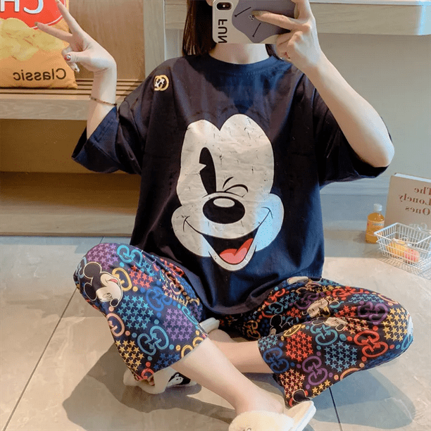 Disney Conjunto de 2 piezas de pijama de Mickey Mouse para mujer camisa de manga corta y pantalones graficos ropa de noche suave para mujer novedad de verano Walmart en linea