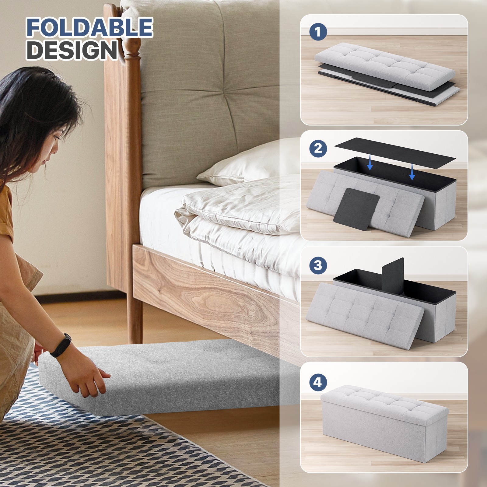 MoNiBloom 43" Collapsible Ottoman with Storage, Cotton-linen Storage Ottoman Bench, Modern Storage Footstool for Living Room Bedroom Entryway, Light Gray