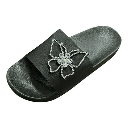 OJSFQUFP Sandals Women Dressy Summer Women Slippers Summer New Pattern Bow Shiny Rhinestone Flat Bottom Non Slip Comfortable Casual Large Size Shoes Womans Slippers Black 41