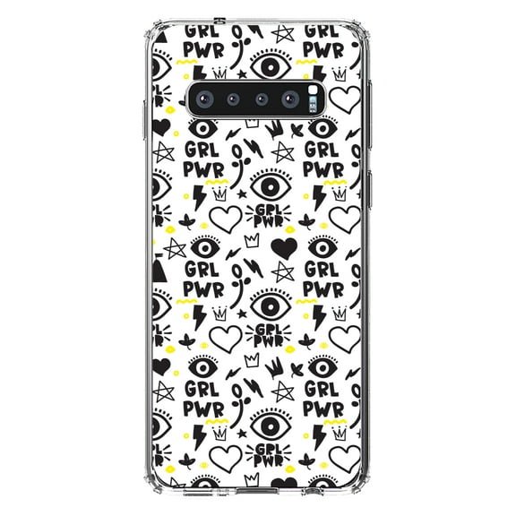 DistinctInk Clear Shockproof Hybrid Case for Samsung Galaxy S10  PLUS(6.4" Screen) - TPU Bumper, Acrylic Back, Tempered Glass Screen Protector - Girl Power - GRL PWR - Yellow Black