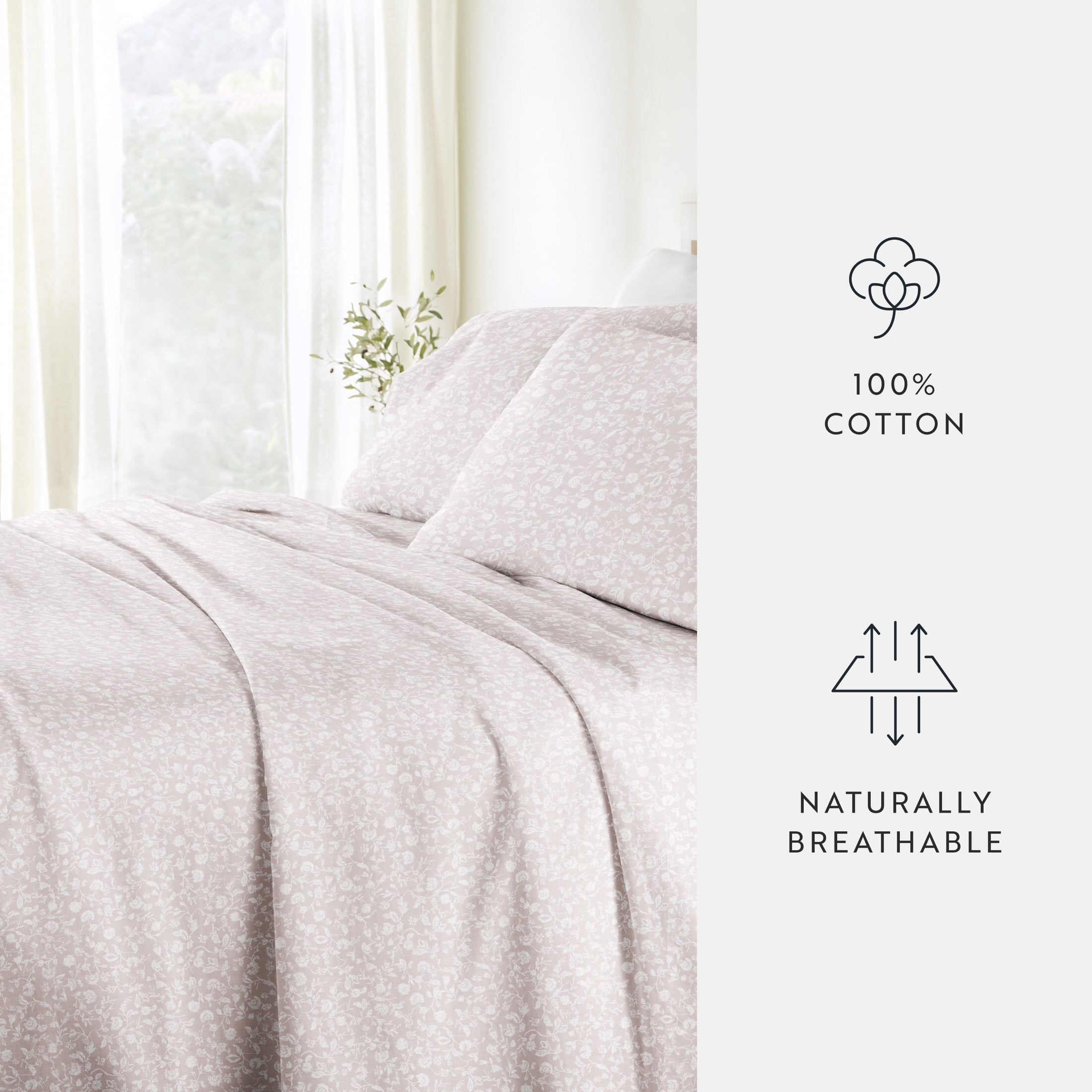Noble Linens 4 Piece 300TC Cotton Printed Sheets, Rustic Jacobean Mauve, Queen