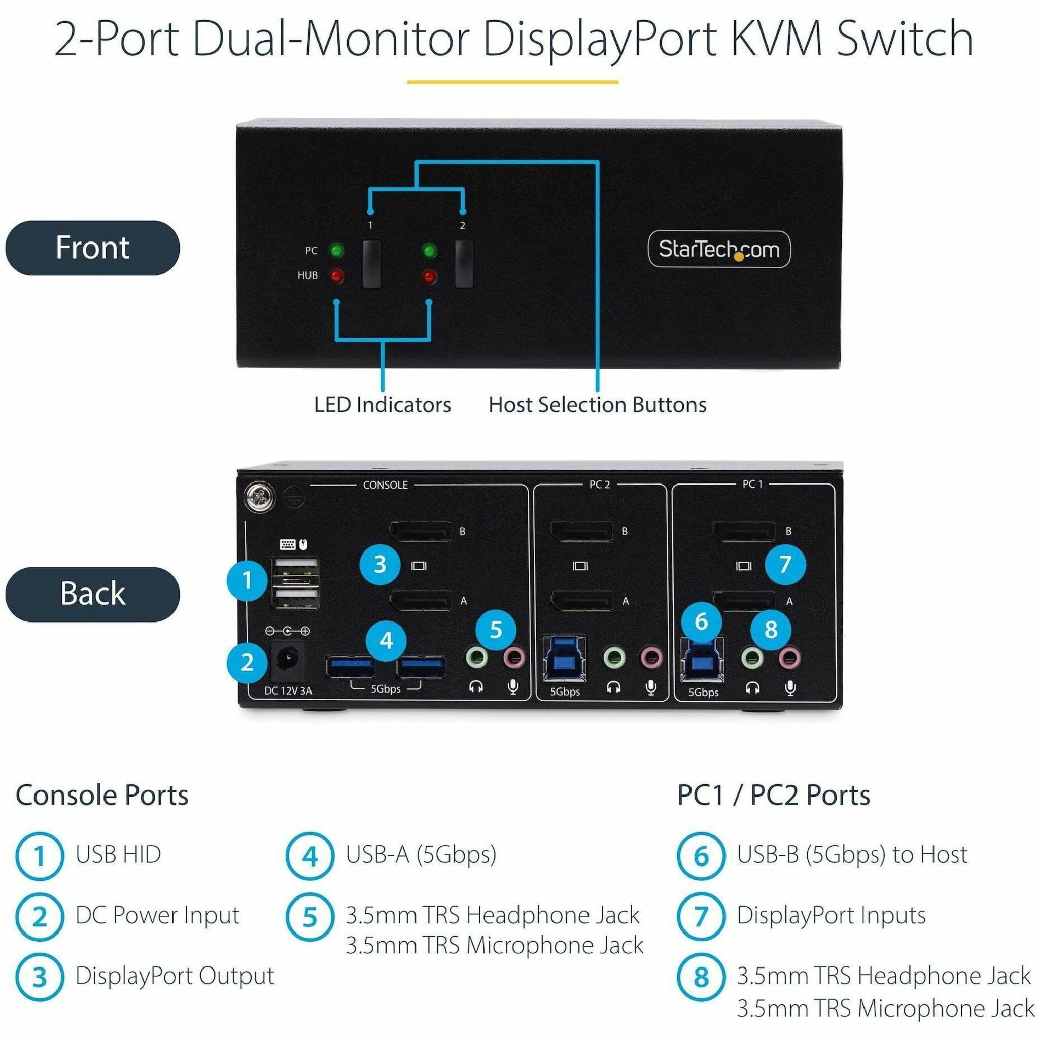 StarTech.com 2-Port Dual-Monitor DisplayPort KVM Switch, Black