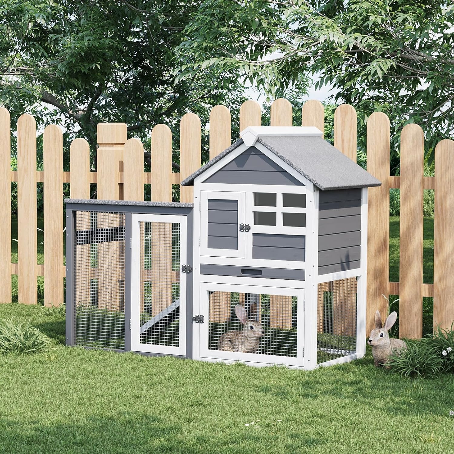 Large Rabbit Hutch Outdoor Indoor with Pull Out Tray Wooden Bunny Hutch, Guinea Pig Cage Chicken Co op with Run, Removable Tray, Asphalt Roof, Lockable Doors and Ramp