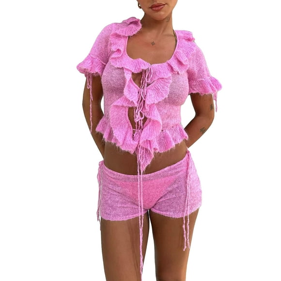 ZAXARRA Ensemble 2 Pcs pour Femmes, Haut à Manches Courtes en Tricot avec Volants et Shorts Élastiques, Vêtements d'Été Mode Urbaine