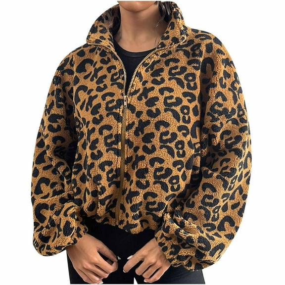 Lovskoo Fuzzy Fleece Winter Coats for Women Fashion Casual Trend Leopard Print Short Plush Jacket Brown