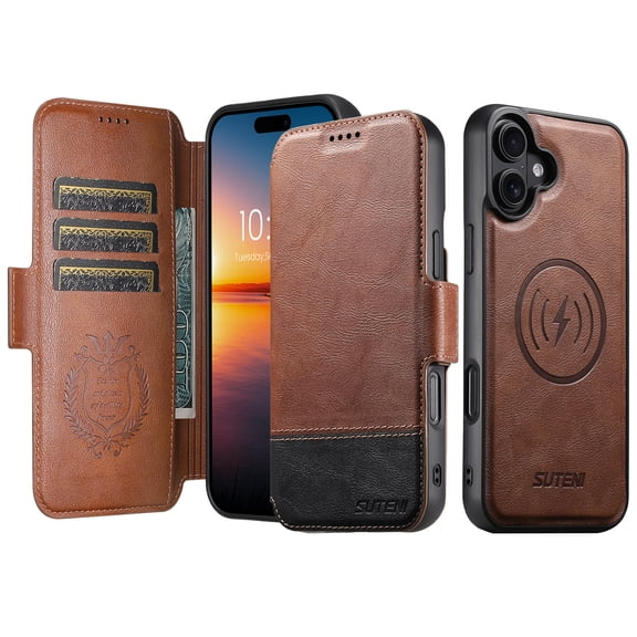 Wallet Case for iPhone 16 Compatible with MagSafe, 2-in-1 PU Leather Flip Card Holder Kickstand Shockproof Magnetic Detachable Durable Business Cover for iPhone 16 Case, Brown