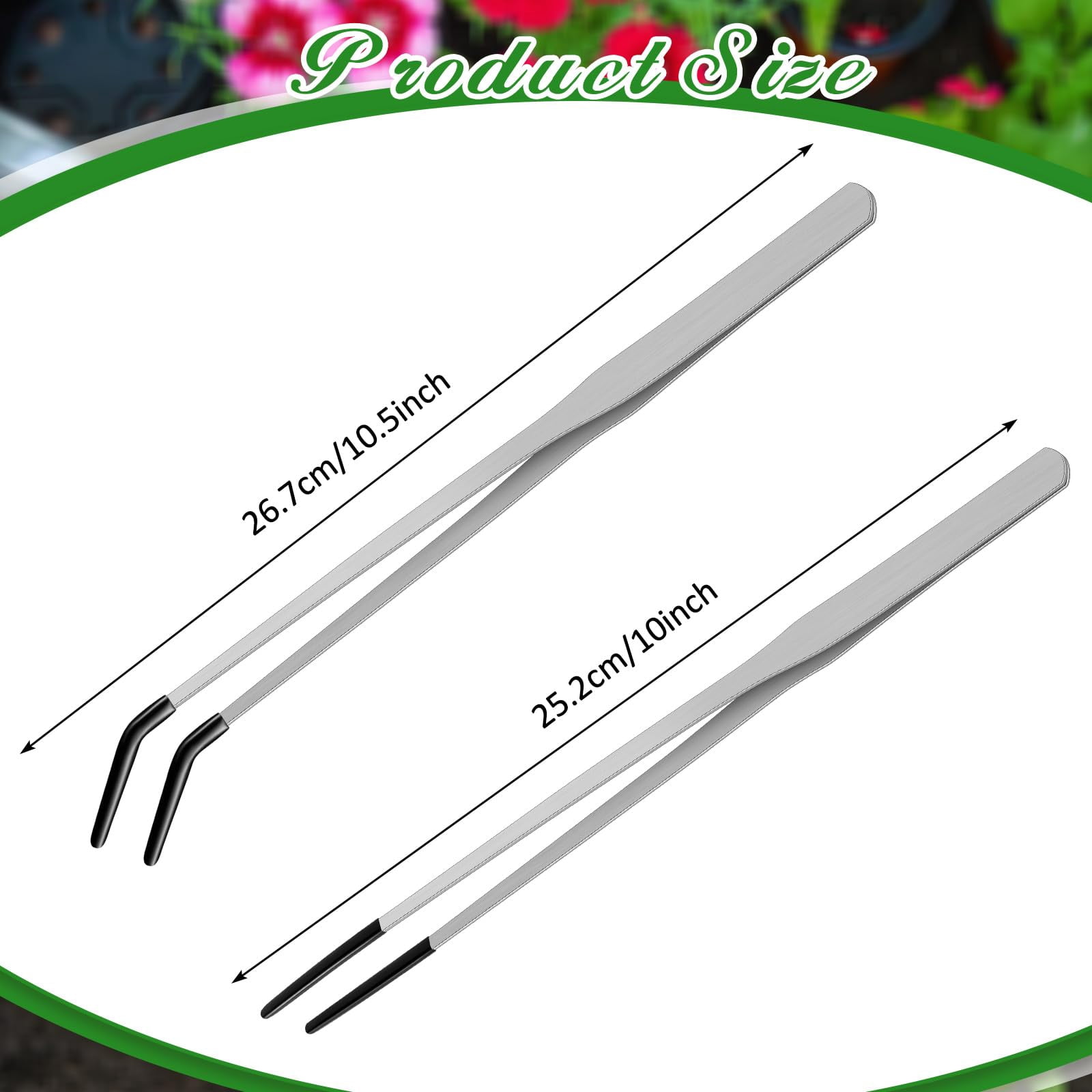 2 Pcs Extra Long Stainless Steel Reptile Feeding Tongs with Rubber Tip 10 Inch and 10.5 Inch Straight and Curved Tweezer Terrarium Feeder Tool for Bearded Dragon Aquarium Tank Silver