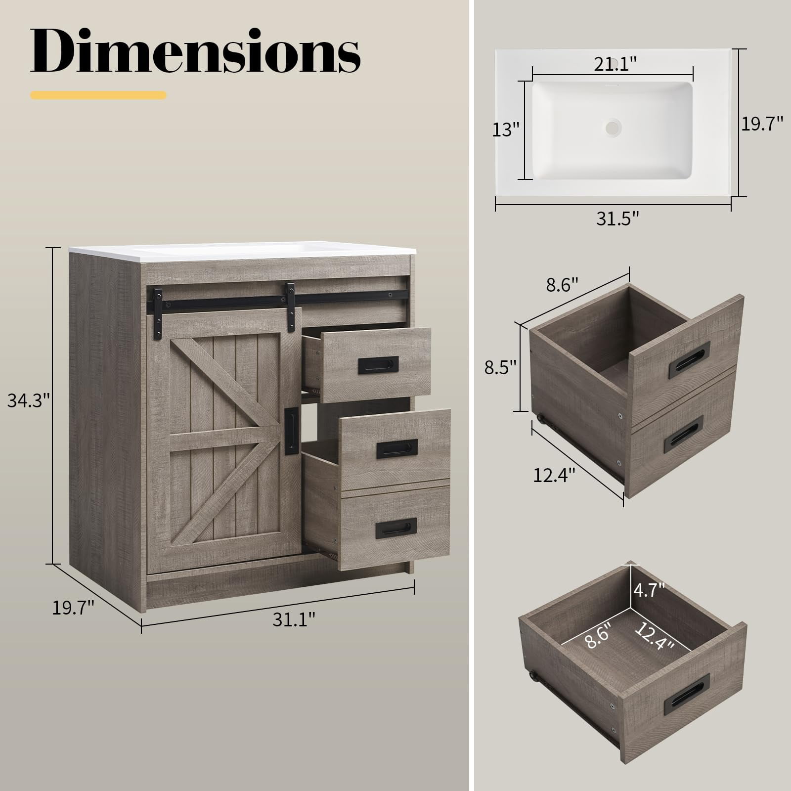 VANACC 31" Farmhouse Sliding Barn Door Bathroom Vanity with Sink Combo, Bathroom Vanity Cabinet with Drawers & Metal Handles, Freestanding, Gray