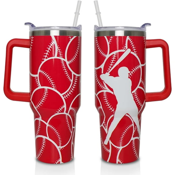 Baseball Coach Gifts Cup for Women Men, 40oz Tumbler with Handle and Lid Straw, Red Stainless Steel Double Walled Insulated Mug Water Bottle, Baseball Fans Mom Gifts
