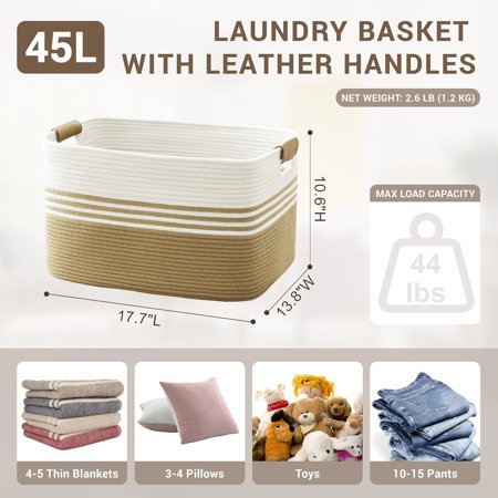 YUYAN-45L Small Laundry Basket with Leather Handles for Living Room Storage Woven Rope Baskets Bin for Blanket Kids Toy Gifts Wicker Hamper for Bedroom Dirty Clothes 18 x14 x11 Khaki