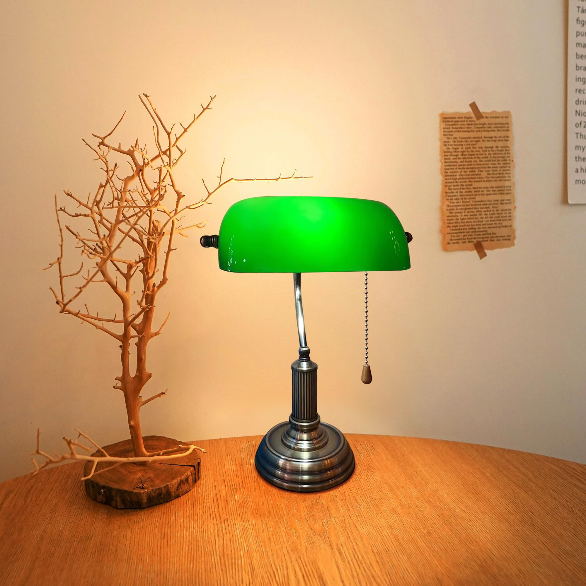 Kiven Cordless Bankers Table Lamp,1-Light Dimmable Bedside Lamps for Nightstand with Glass Lampshade, Vintage Rechargeable Desk Lamp for Reading Home Decor Bedside TD1120