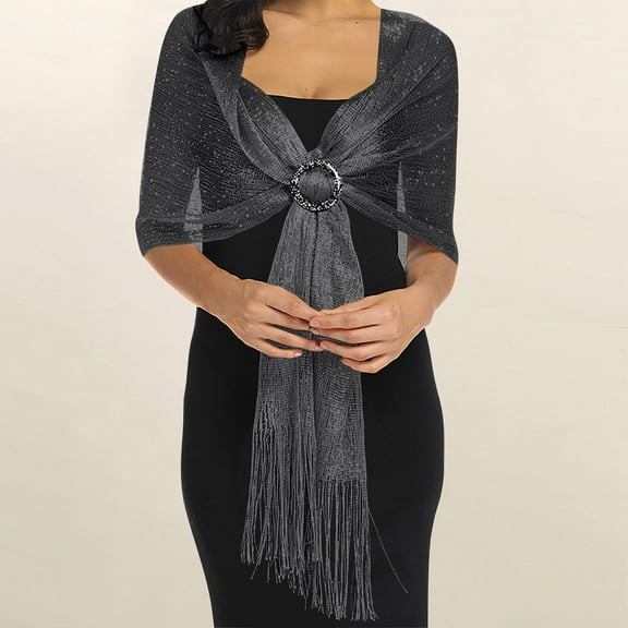 Women Shawls and Wraps, Thread Shawl, Open Knit Wedding Shawl, Bride Bridesmaid Evening Wrap, Sparkling Party Shawl, 74x17 Inch Fringe Scarf, Special Occasion Accessory - Black