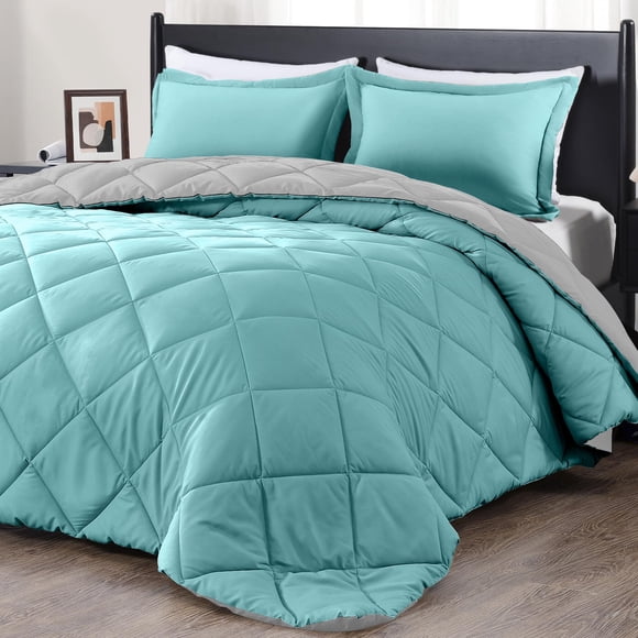 Juego de edredón downluxe, tamaño king, turquesa y gris, 3 piezas