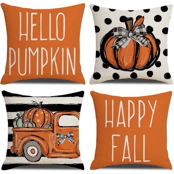 Fall Decor Pillow Covers Set of 4 Pumpkin Farmhouse Thanksgiving Decorations Throw Pillows Autumn Cushion Cases for Couch Home Decorative Pillows Cover (18"x18", Orange)