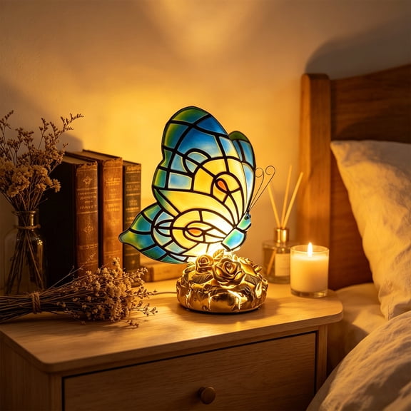 Stained Glass Butterfly Table Lamp with Resin Base, Vintage Style LED Bedside Night Light, Elegant Decorative Desk Light for Bedroom Living Room Office Home Tabletop Decoration Gift, Multicolor