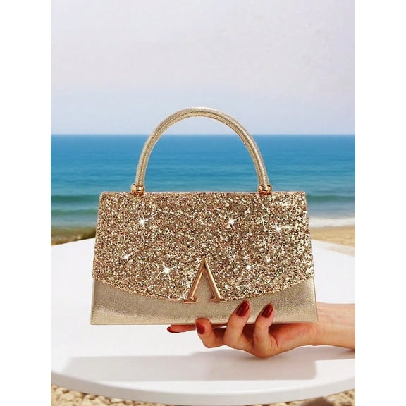 Glitter Evening Bag, V-Shape Metal Top Handle Purse with Chain Strap for Wedding Party, Gold