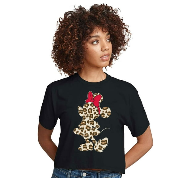 Mickey & Friends - Leopard Print Minnie Mouse - Juniors Cropped Cotton Blend T-Shirt