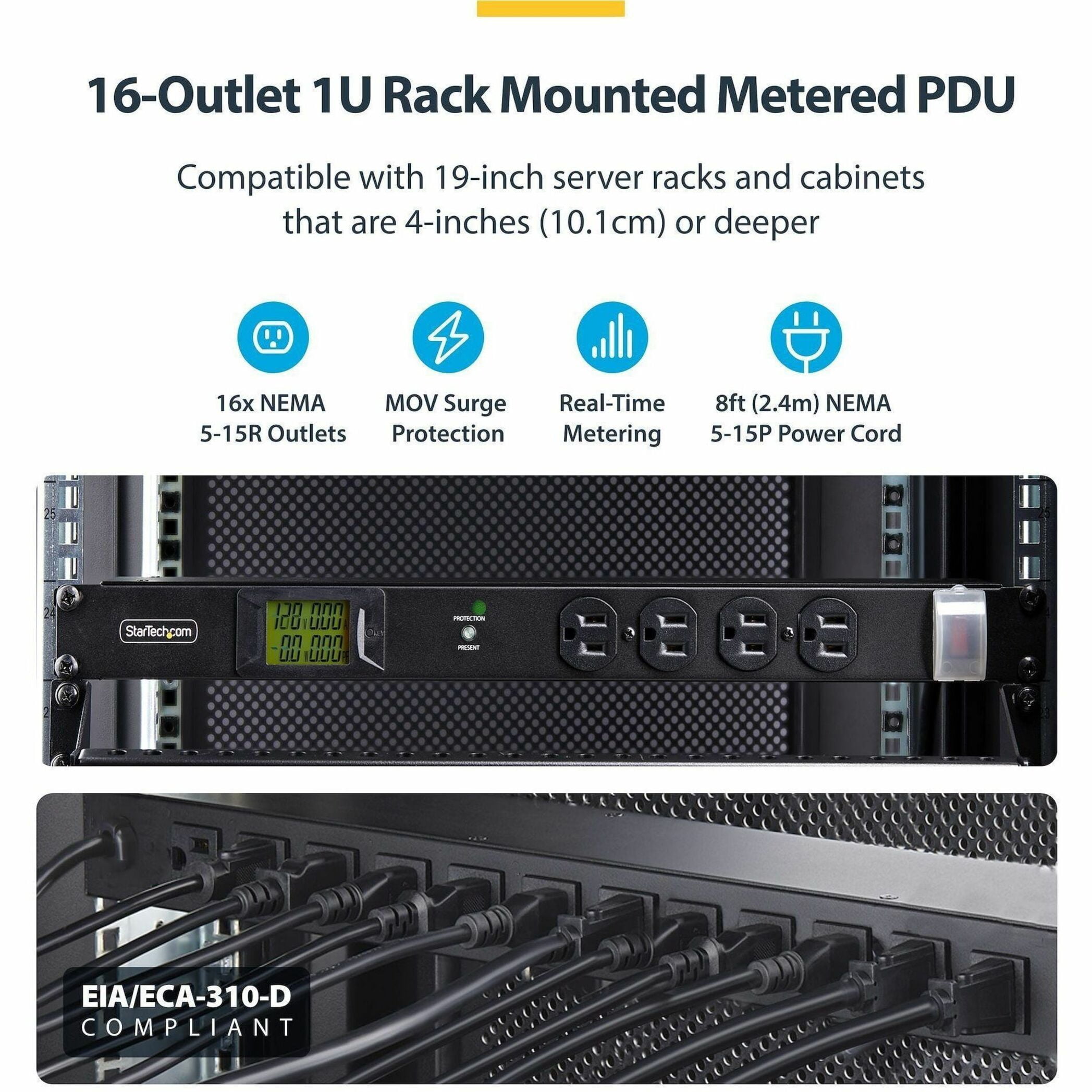 StarTech.com 16-Outlet Horizontal Rack Mount Metered PDU, 1U Server Power Strip w/Surge Protector, 125V/15A, 8ft (2.4m) Power Cord, TAA