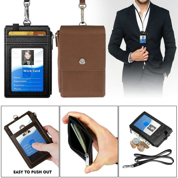 Leather Badge Holder with Zipper Pocket, 1 Clear ID Window, 1 Front ID