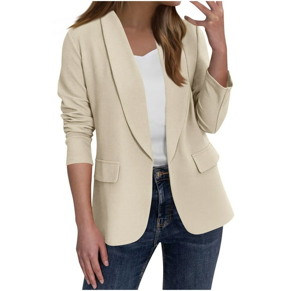 aohooy Blazers for Women 2025 Fashion Open Front Lapel Collar Suit Jacket Business Casual Long Sleeve Office Work Blazer Beige,XXL