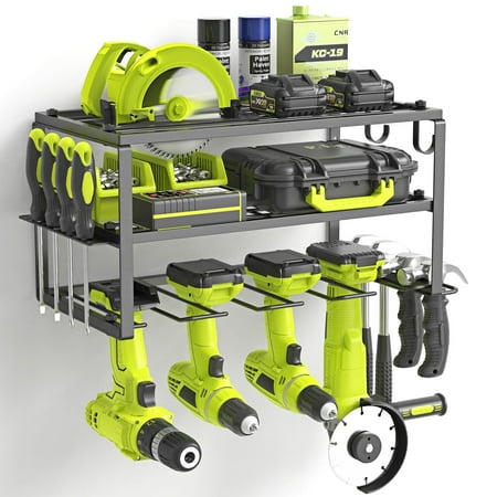 Yeabett Power Tool Organizer, 3 Layers Storage Rack with 4 Drill Holders, Heavy Duty Metal Floating Tool Shelf Garage Wall Mounted, 150Lbs Load Capacity