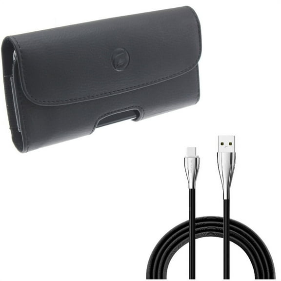 Black Leather Phone Case Side Cover w Durable Type-C USB Cable Sync Charger Power Cord 10ft USB-C Wire V1N for Acer Liquid Jade Primo - ASUS ROG Phone, ZenFone AR 6 4 Pro - Blackberry Motion