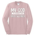 thumbnail image 2 of Wild Bobby My God Is Stronger Than Breast Cancer White Distressed Breast Cancer Awareness Men Long Sleeve Shirt, Light Pink, Large, 2 of 6