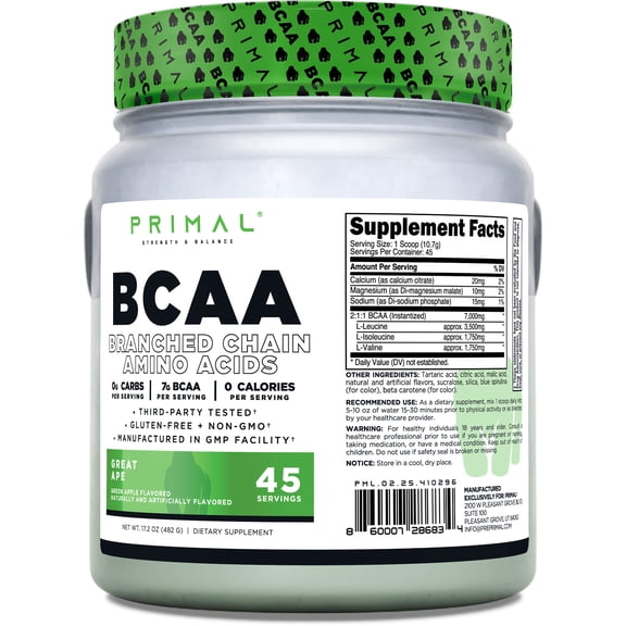 Primal BCAA Powder Great Ape (Green Apple Flavored) 45 Servings - 0 g Carbs, 0 Calories, 7g BCAA per Serving