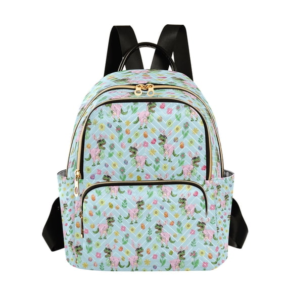 Qxltty Quilted Backpack for Women, Blue Fun Dinosaur Travel Daypack with Front Pocket for Casual Daily Use