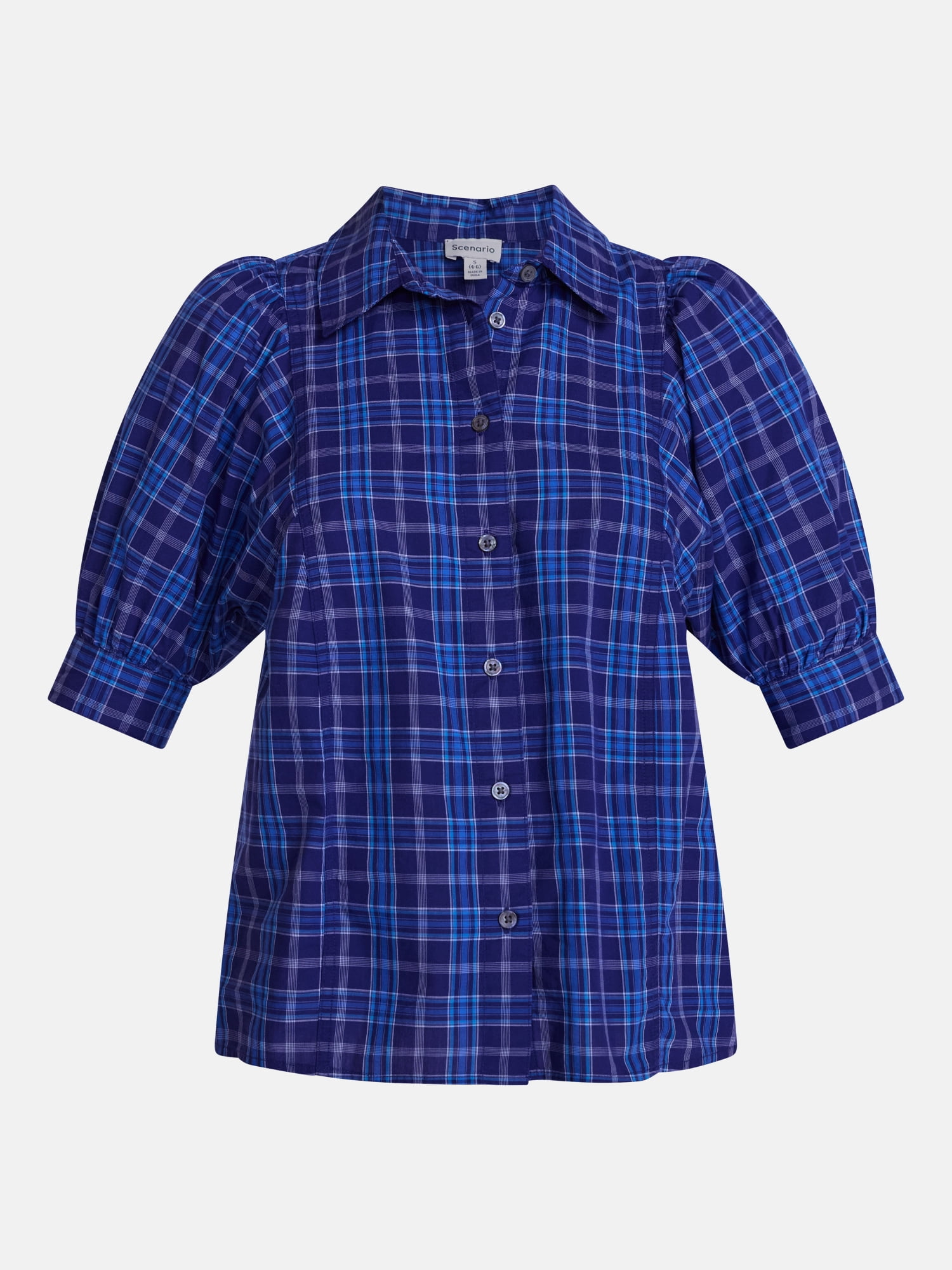 Scenario Women's Button Front Shirt with Puff Sleeves, Sizes XS-XXXL