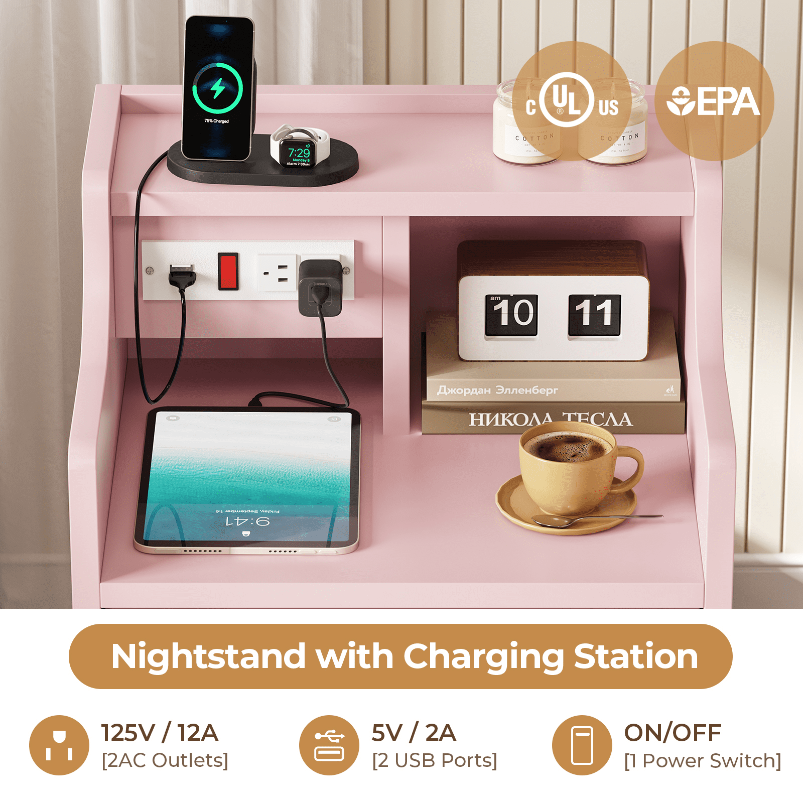 AMUZER Nightstand with Charging Station, Night Stand with 3 Drawers and Open Storage, Bedside Table with 2 USB Ports & 2 Outlets, Modern End Table Bedroom, Pink