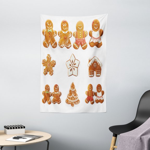 Gingerbread Man Tapestry, Vivid Cute Christmas Gingerbread Biscuits Set Snowflake House Tree, Wall Hanging for Bedroom Living Room Dorm Decor, 40W X 60L Inches, Pale Brown White, by Ambesonne