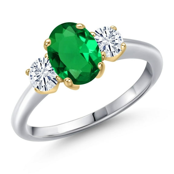 Gem Stone King 925 Silver and 10K Yellow Gold Green Nano Emerald and White Moissanite Engagement Ring for Women | 1.21 Cttw | Oval 8X6MM | Gemstone May Birthstone | Size 9